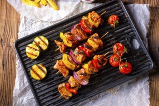 Rustic shish kebab skewers with marinated ham meat paprika and red onion