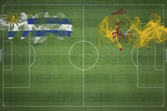 Uruguay vs Spain Soccer Match, national colors, national flags, soccer field, football game,