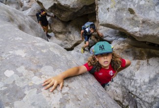 Hikers group, Torrent de Pareis, Sa Calobra, Majorca, Balearic Islands, Spain, Europe
