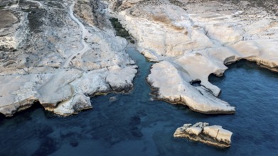 White rocks on the coast near Sarakinikoer, aerial view, Milos, Cyclades, Greece, Europe