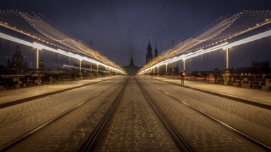 Long exposure at night of a street with fairy lights and street lamps leading to a central point,
