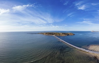An aerial view of the famous Granite Island Recreation Park and causeway in Victor Harbor on a