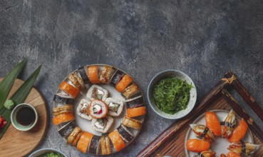 Food, Food, Sushi and rolls sets. Japonese food. top view