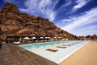 Pool and restaurant, Eco Luxury Hotel Our Habitas, Al Ula, Saudi Arabia, Asia