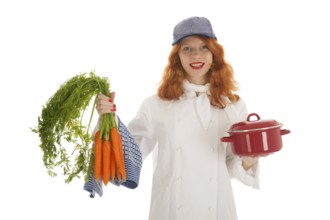 Female cook chef with red hair and baked bread isolated over white background
