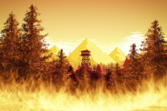 An illustration of forest fires with watchtower
