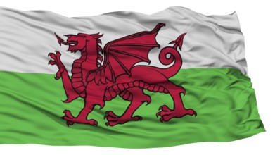 Isolated Wales Flag, Waving on White Background, High Resolution