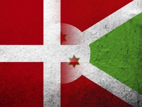 The Kingdom of Denmark National flag with The Republic of Burundi National flag. Grunge Background