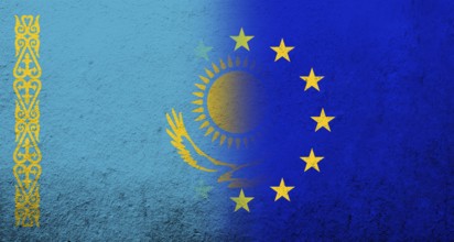 Flag of the European Union with Kazakhstan National flag. Grunge background