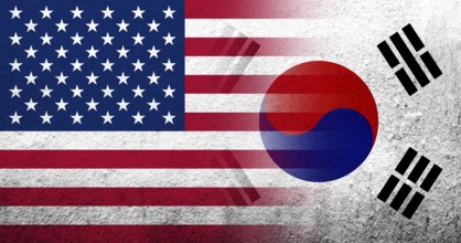 United States of America (USA) national flag with National flag of South Korea. Grunge background