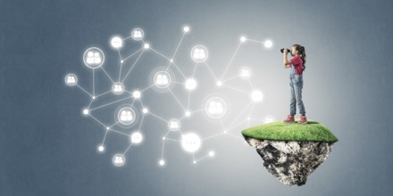 Cute smiling girl on floating island presenting social connection concept