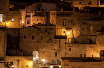 Scenic skyline of Sassi di Matera at night, Italy, Europe