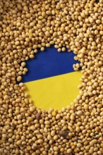 Burlap sack with soybeans and Ukrainian flag concept