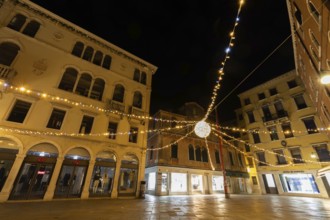 Lighting in the historic centre, night shot, Campo San Luca, Venice, Italy, Europe