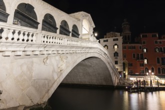 Rialto Bridge over Grand Canal, night shot, long exposure, Venice, Italy, Europe