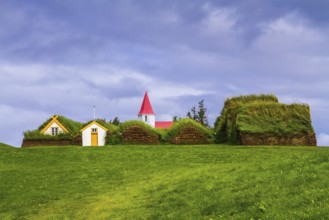 The village ancestors. The reconstituted village early settlers in Iceland. Roofs of houses covered