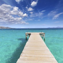 Majorca Platja de Muro beach pier in Alcudia bay in Mallorca Balearic islands of Spain