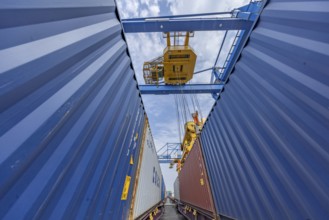 Crane loading containers onto a train in the Port of Duisburg, Terminal D3T, Logport l, Rhine,