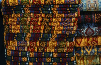 Traditional Turkish rug textile with patterns in bazaar