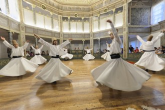 Dancing dervishes, Dervish dance Sema, Mevlevihanesi Müzesi at Istiklal Caddesi, Istanbul, European