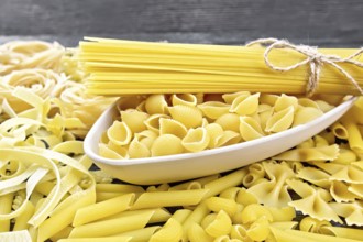 Pasta seashells and spaghetti in a bowl, pipe rigate, tagliatelle, fusilli, penne, farfalle,