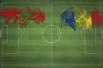 Morocco vs Romania Soccer Match, national colors, national flags, soccer field, football game,