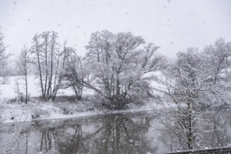 Drifting snow over the Danube near Bogen, Lower Bavaria