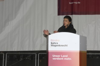 Politician Sahra Wagenknecht speaking at a rally during the 2025 election campaign. Munich,