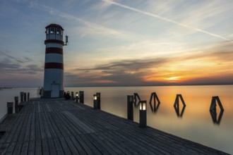 Lighthouse at sunset, long exposure, Podersdorf am See, Lake Neusiedl, Burgenland, Austria, Europe