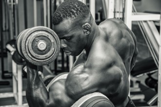 Hunky muscular black bodybuilder working out in gym, exercising biceps with dumbbell. Black and