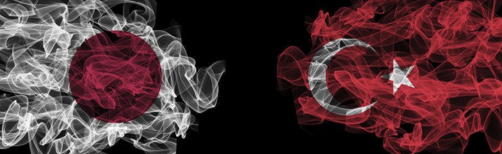 Flags of Japan and Turkey on Black background, Japan vs Turkey Smoke Flags