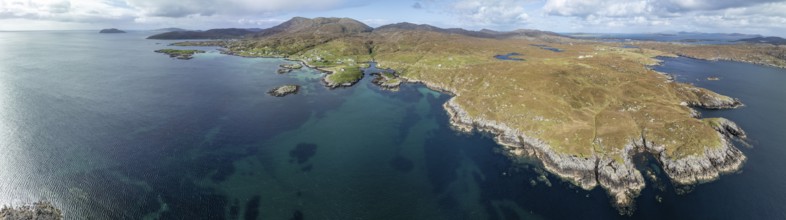 View to Earsairidh, Panorama, Drone image, East coast of Barra, Hebrides, Scotland, Great Britain