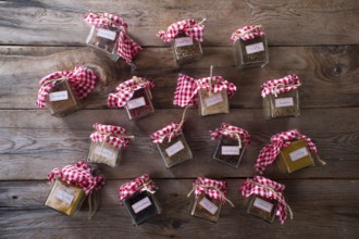 Of small glass jars for storage of various types of aromas for international cuisine