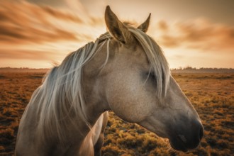Profile of a horse, close-up, with sunset in the background