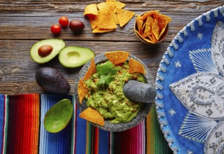Guacamole with nachos avocado in Mexican molcajete and Sombrero hat