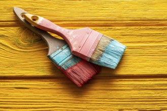 Coral color and yellow vivid grunge brushes on aged painted wood