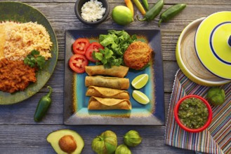 Mexican flautas rolled tacos with salsa and Mexico food ingredients