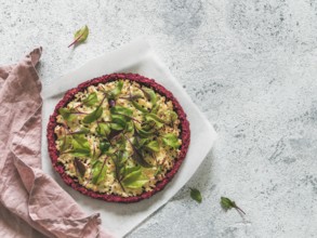 Beetroot pizza crust with fresh swiss chard or mangold beetroot leaves.Ideas and recipes for