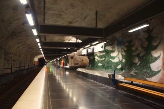 Fragment of the interior of the Risssne metro station in Stockholm