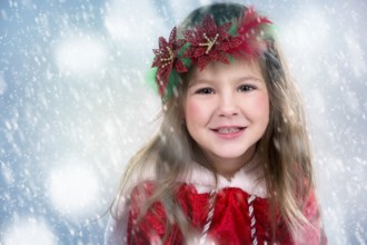 Cute girl wearing christmas outfit on snowy background, Toronto, Canada, North America