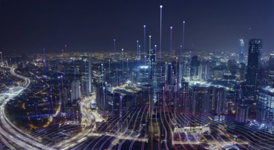 Smart city with particle glowing light connection design, big data connection technology concept