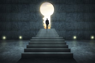 Sucess businessman climbing on stair against conrete wall with key hole door, sunrise scene city