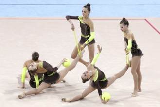 Sofia, Bulgaria - 7 May, 2017: Team Ukraine performs during Rhythmic Gymnastics World Cup Sofia