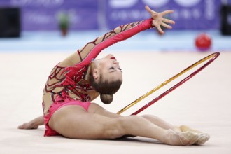 Sofia, Bulgaria - 1 April, 2018: Aleksandra Soldatova Russia performs with hoop during Rhythmic