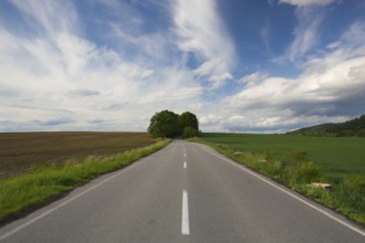 Empty road between summer fields at sunset