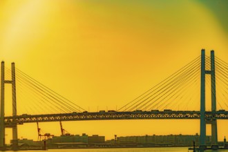 Yokohama Baybridge, which is wrapped in the morningland. Shooting Location: Yokohama-city kanagawa