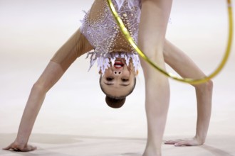 Sofia, Bulgaria - 27 March, 2021: Anastasiia Salos of Belarus performs during the individual Hoop
