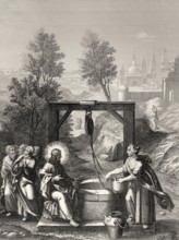 Jesus talks with a Samaritan woman, New Testament, Steel engraving 1853, digitally restored