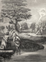 Baptism of Jesus by John the Baptist at the Jordan river, Steel engraving 1853, digitally restored