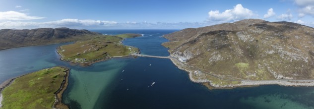 Causeway, causeway to Vatersay, drone shot, Caolas, Isle of Barra, Hebrides, Scotland, Great